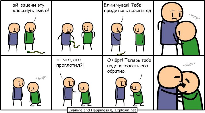 Покажите место укуса нужно срочно отсосать яд. Цианид комиксы. Cyanide and Happiness змейка. Анекдот про отсосать яд. Цианид и счастье комиксы.