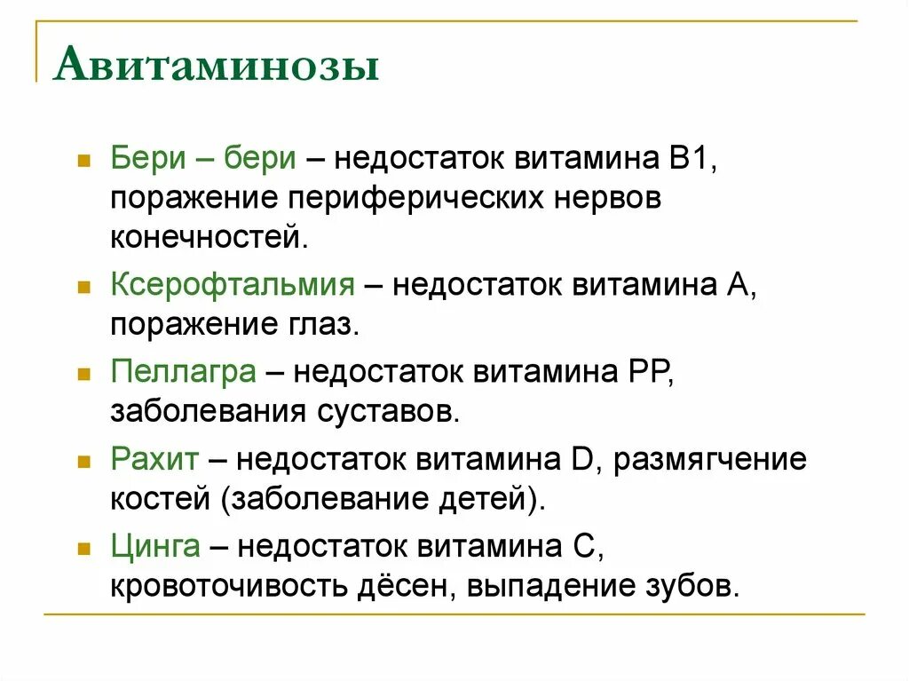 Классификация авитаминозов. Заболевания при авитаминозе. При недостатке заболевание бери бери