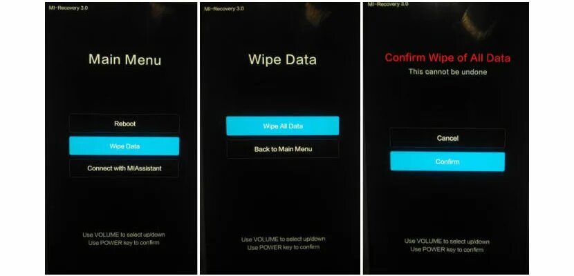 Wipe data Сяоми. Меню Xiaomi Recovery 3.0. Main menu mi-Recovery 3.0 сброс настроек. Хард ресет Xiaomi Redmi 9. Confirm wipe of all data