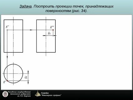 Построить недостающие проекции точек принадлежащих поверхности