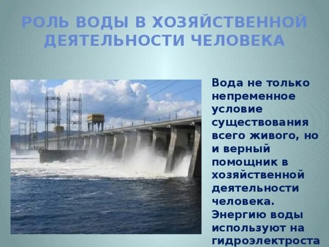 Характеристика энергии воды. Роль воды в деятельности человека. Роль воды в хозяйственной деятельности человека. Энергия воды. Презентация на тему энергия воды.