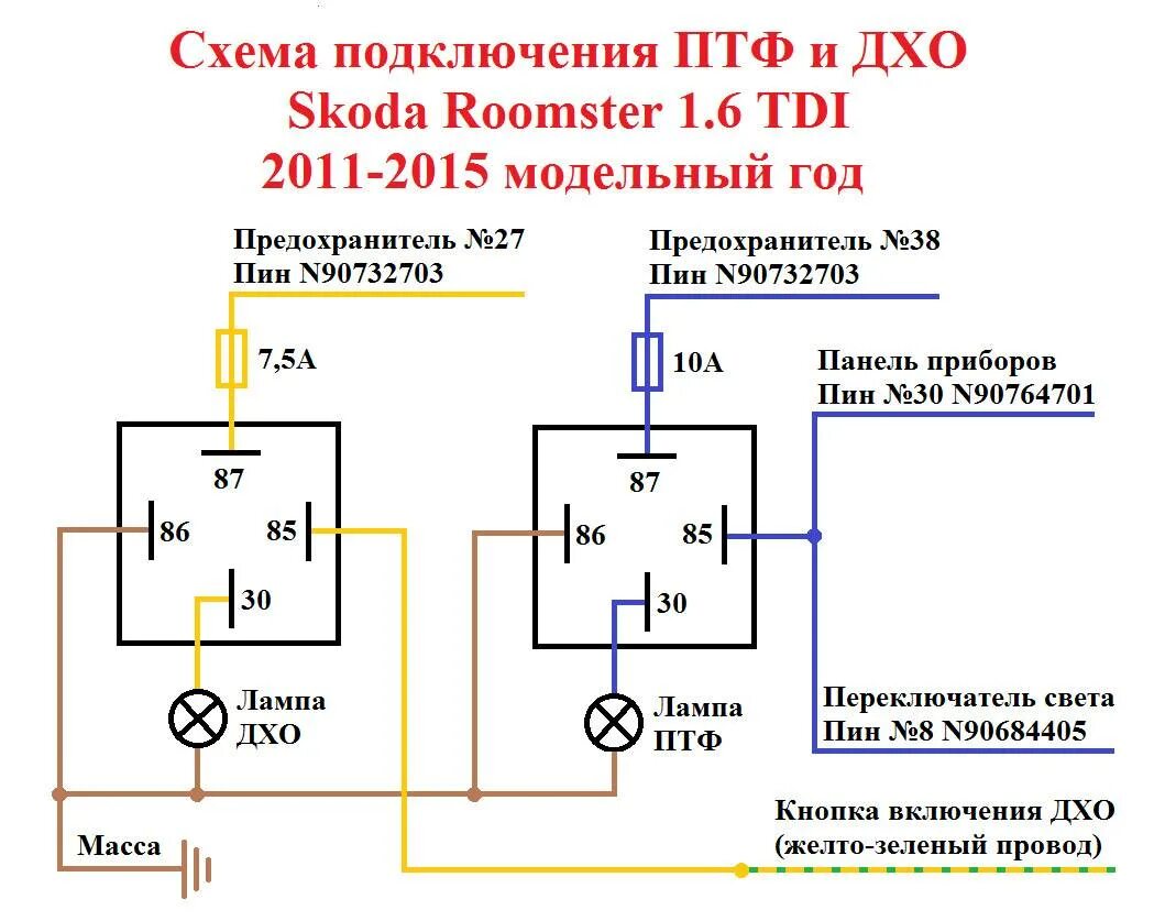 Подключить реле птф. Противотуманные фары с реле схема включения. Подсоединение противотуманных фар 5 контактный реле. Схема включения ДХО фар с реле. Схема подключения реле ходовых огней ближнего света.