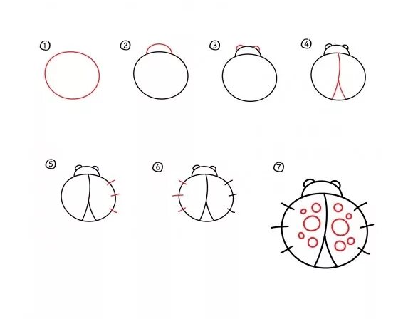 Поэтапный рисунок Божьей коровки. Этапы рисования Божьей коровки. Рисование Божья коровка пошагово. Поэтапное рисование Божьей коровки. Как рисовать коровку