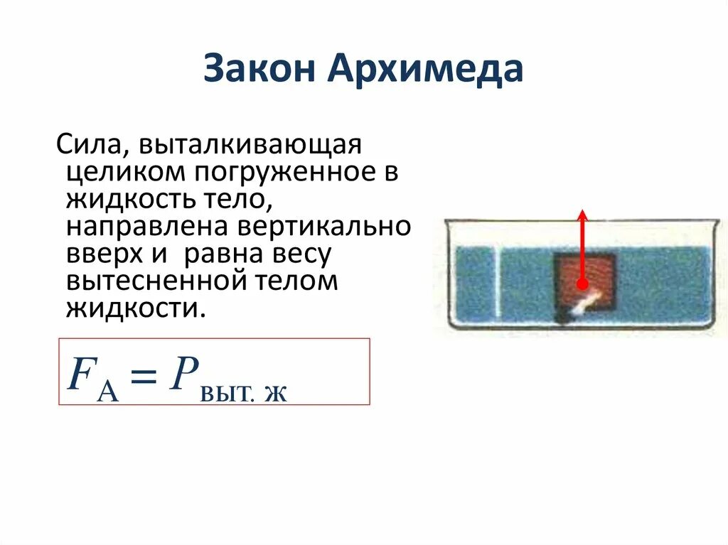 Дубовый брусок погруженный в воду целиком вытесняет. Формула выталкивающей силы в жидкости. Сила Архимеда вес вытесненной жидкости. Выталкивающая сила закон Архимеда 7 класс. Сила Архимеда объем вытесненной жидкости.