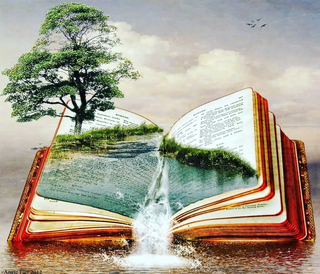 С неба льется вода. Ожившая Библия. Дерево при потоках вод. Дерево с книгами. Раскрытая книга.