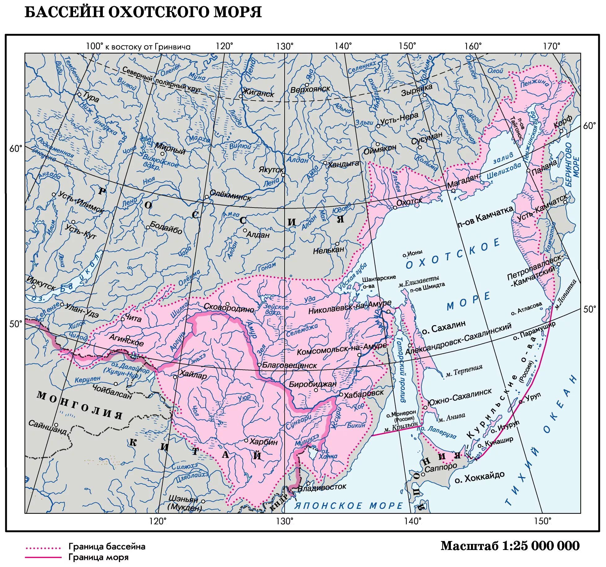 Границы Охотского моря на карте России. Границы Охотского моря на карте. Граница России в Охотском море на карте. Бассейн Охотского моря.