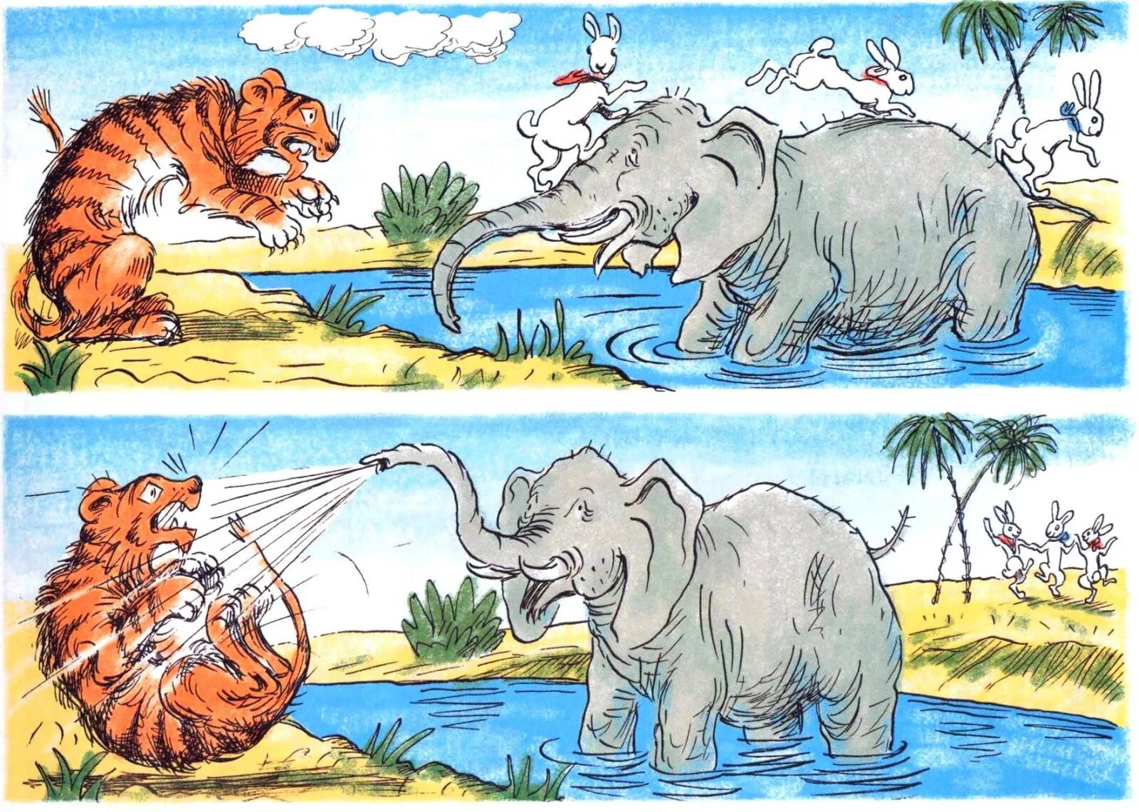 Рассказ кто сильнее. Тигр и зайчики по сюжету н.Радлова. Сюжетные картинки. Сюжетные животные жарких стран для дошкольников. Рассказывание по картинкам.