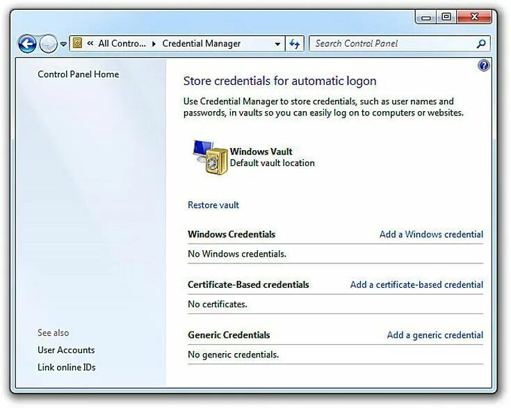Manage control. Windows Credentials. Credential Manager. Control Panel - Windows Credentials. Control Manager.