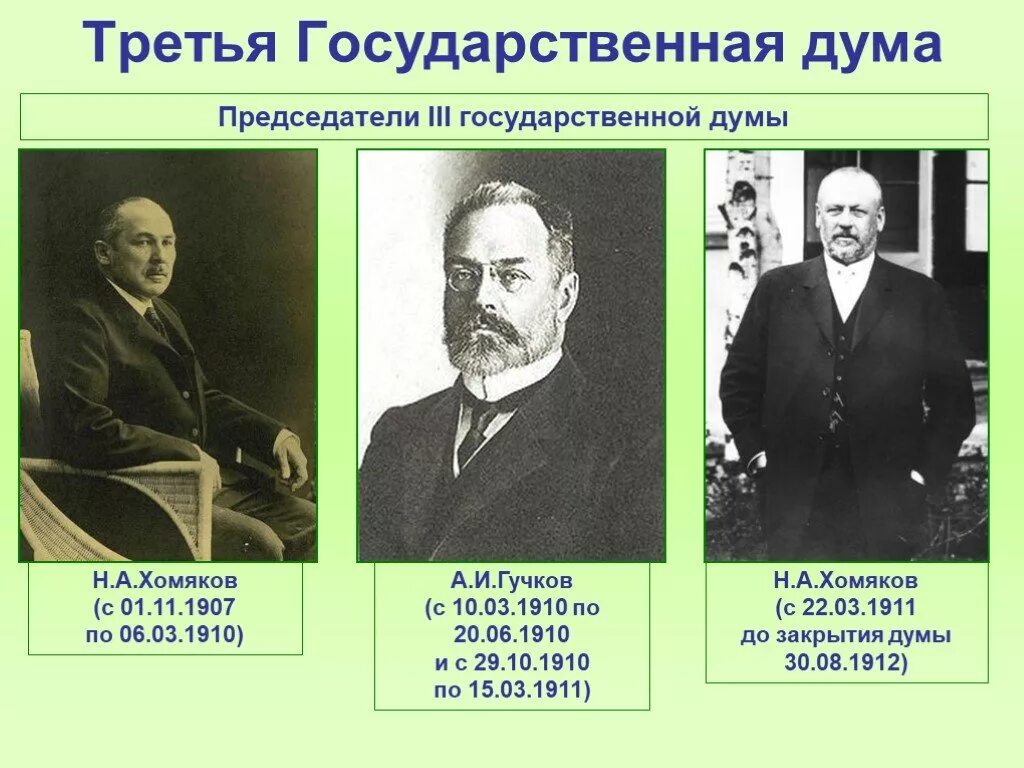 3 госдума 1907. Председатель третьей государственной Думы 1907-1912. Н.А хомяков а.и Гучков м.в Родзянко. 4 Государственная Дума председатель 1912. Председатель 2 государственной Думы 1907.