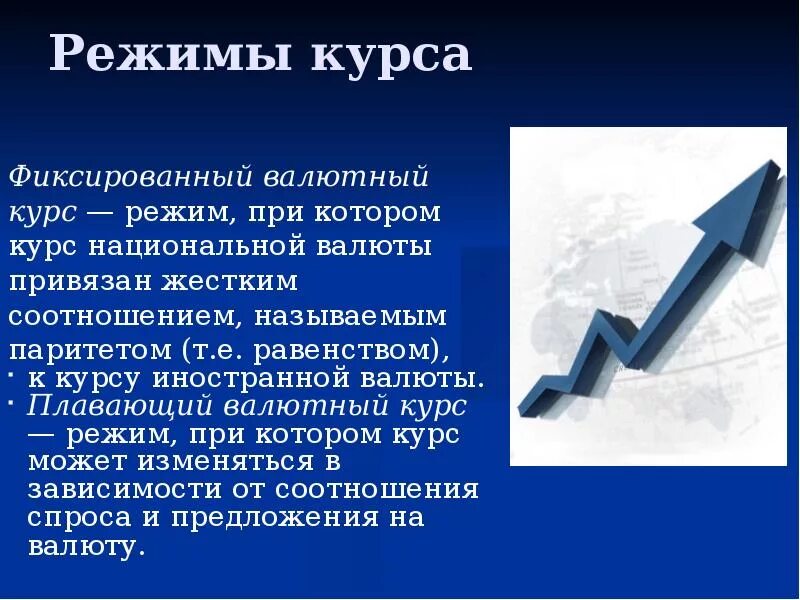 Поддержка национальной валюты. Элементы национальной валюты. Режимы курса валют. Паритет национальной валюты РФ. Для режима плавающего валютного курса характерно следующее:.