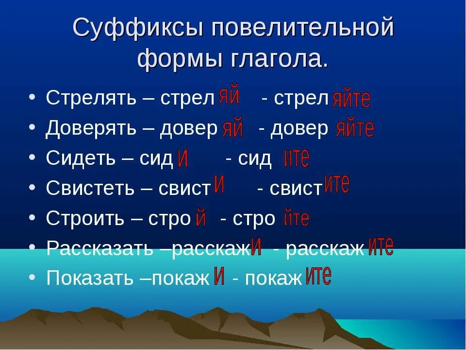 Приведи примеры глаголов в повелительной форме. Суффиксы повелительной формы. Суффиксы повелительной формы глагола. Глагольный суффикс повелительной формы. Повелительная форма глагола 4.