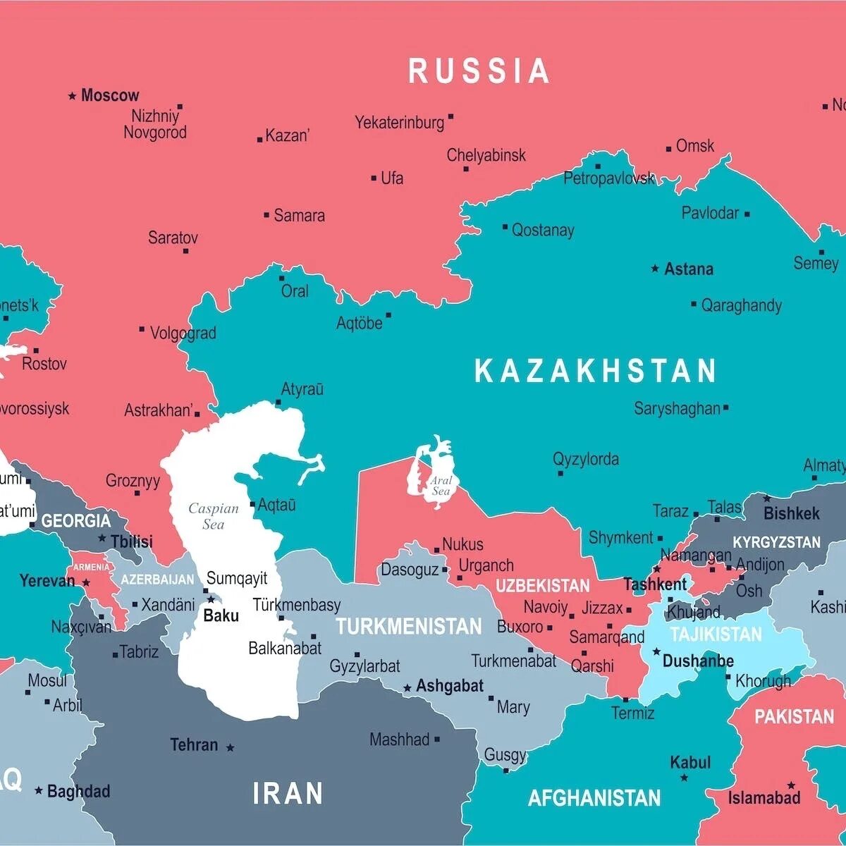 Карта средней Азии. Политическая карта средней Азии. Страны центральной Азии на карте. Кавказ и средняя Азия.