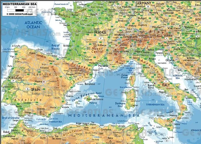 Физическая карта Средиземного моря. Географическая карта Средиземного моря. Средиземный океан на карте