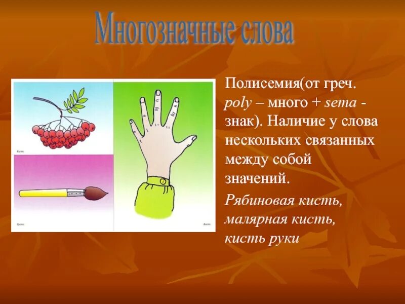 Несколько слов связанных между собой по смыслу. Полисемия примеры. Кисть многозначное слово. Кисть несколько значений. Предложение с кистью.