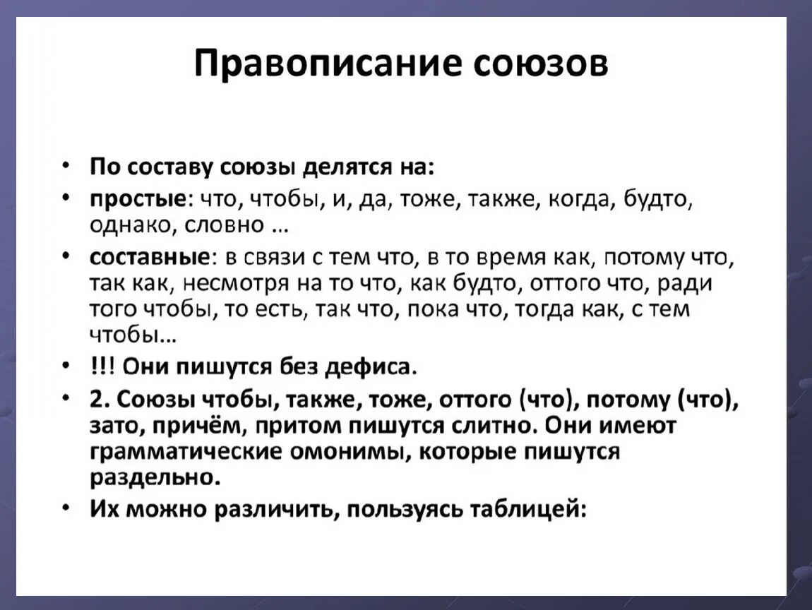 Также притом. Памятка Слитное и раздельное написание союзов. Правописание союзов правило. Союзы как пишутся 7 класс. Правописание союзов таблица 10 класс.