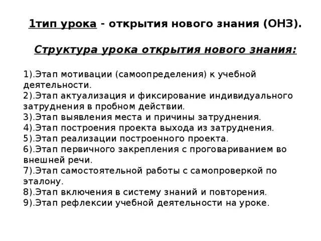 Этапы открытия новых знаний по фгос. Структура урока по Петерсон. Этапы урока ОНЗ по ФГОС. Типы уроков урок открытия нового знания. Этапы урока открытия нового знания.