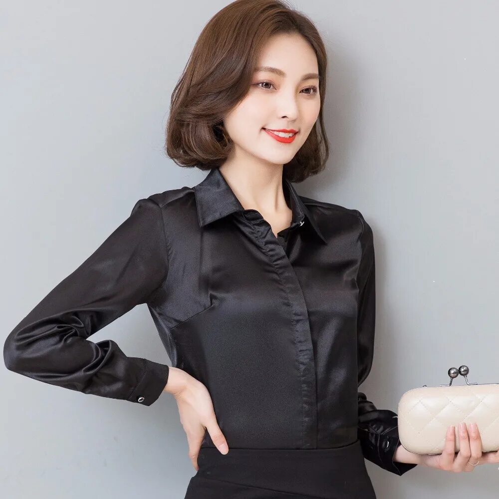 Блузки женские шелк. Атласная блузка с длинным рукавом. Черная блузка. Рубашка женская. Черная шифоновая блузка.