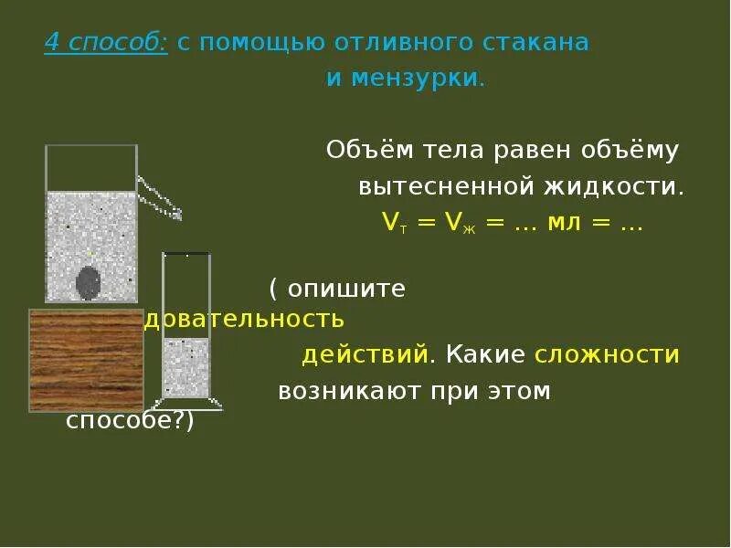 Сколько воды вытесняет плавающий деревянный брус. Объем вытесненной жидкости. Объем тела равен объему вытесненной жидкости. Объем отливного стакана. Способы определения объема тела.