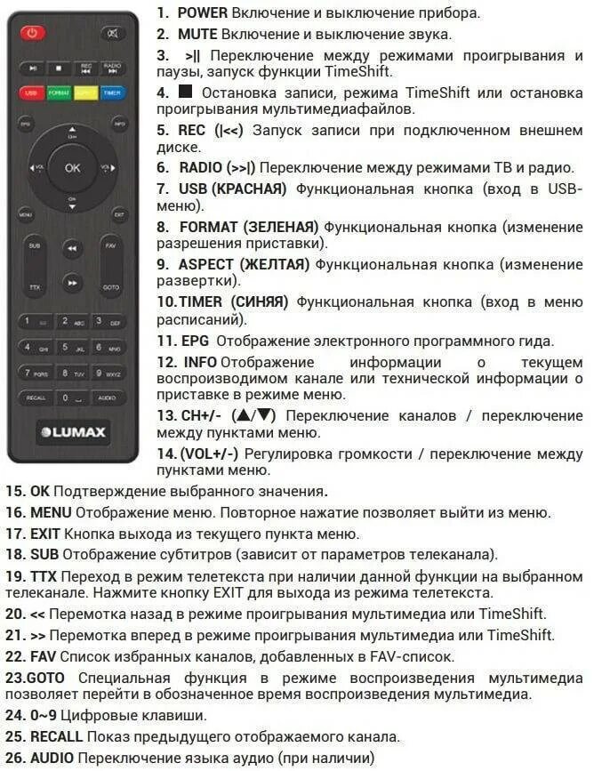 Отключи на приставке телевизор. Пульт от приставки Люмакс кнопки. Пульт ОИ телевизора Lumus. Пульт дистанционного управления (ПДУ) для ресивера Lumax. Пульт от ТВ тюнера Люмакс.