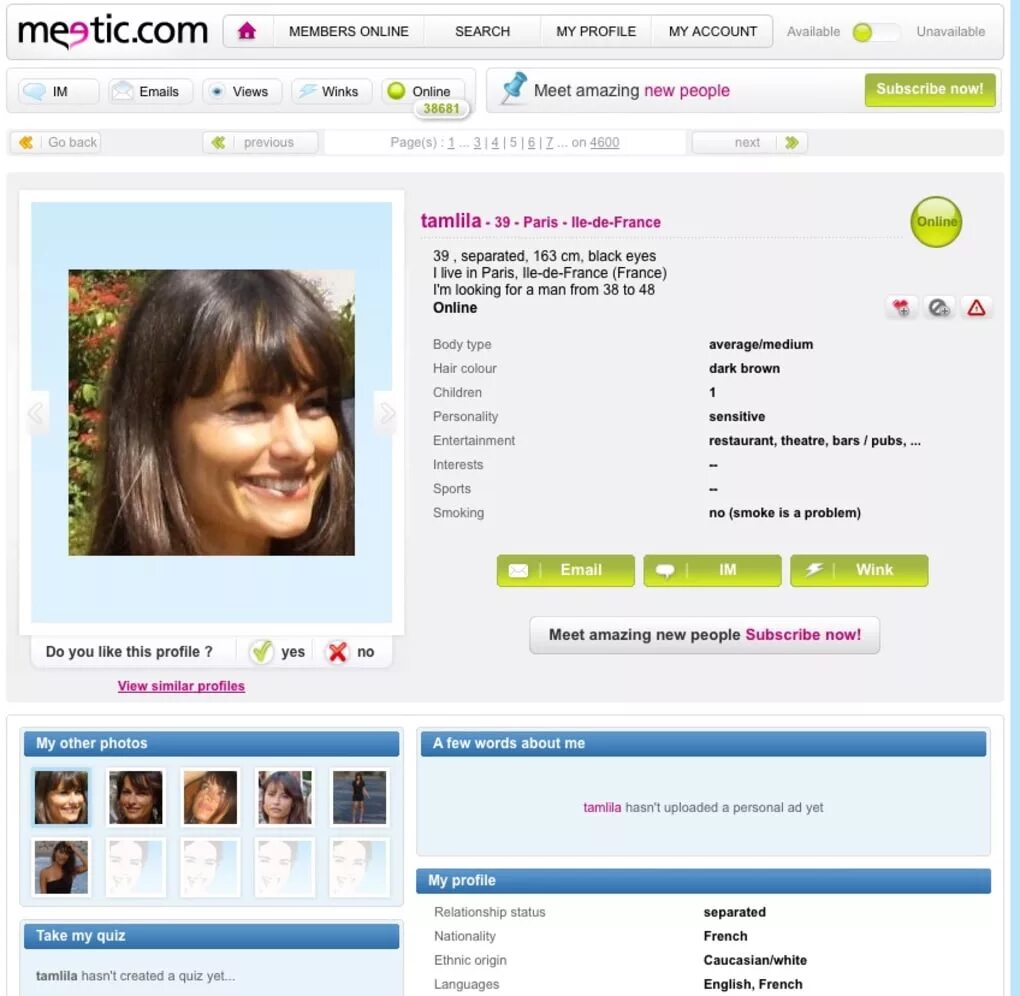 Чат знакомств. Meetic. Online profile. Онлайн профиль. Dating site wink.