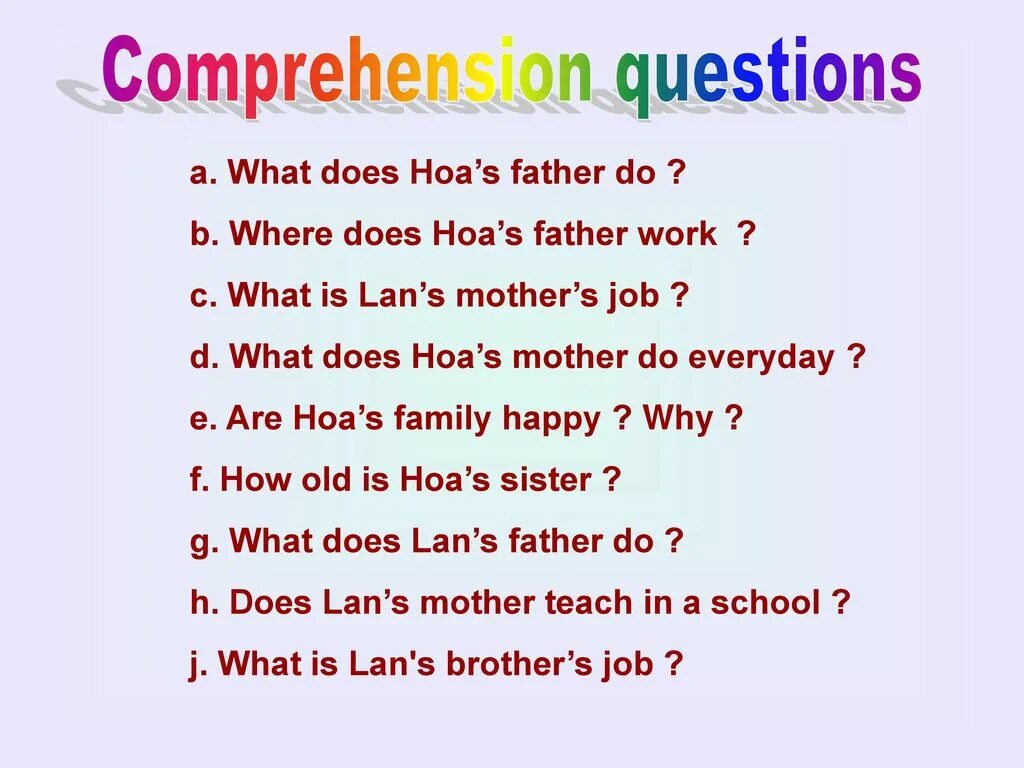 What your father do. Comprehension questions. Comprehension вопрос. Comprehensive questions. Comprehension questions перевод.
