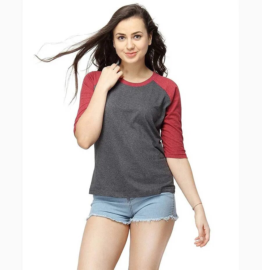 Shirt buy women. Raglan Sleeve t-Shirt woman. Red t Shirt styling women. Women t-Shirts White background. Tops wear