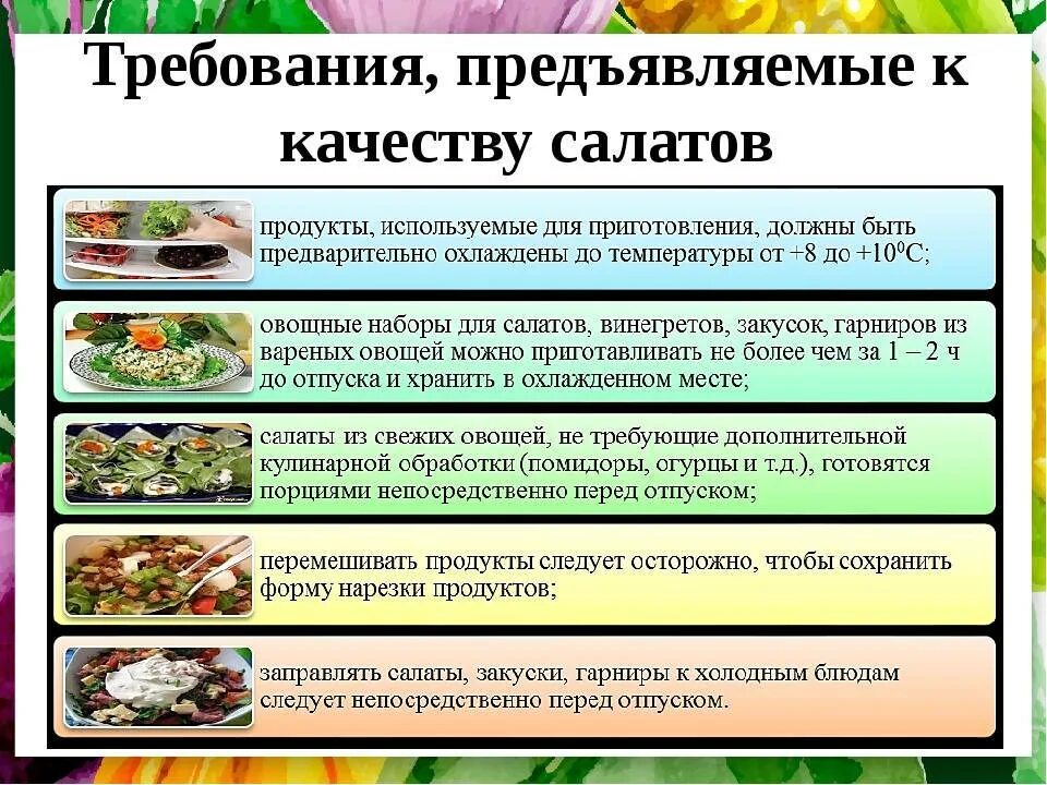 Последовательность приготовления овощей. Требования к приготовлению салатов. Требование к качеству салатов из сырых и варёных овощей. Требования к качеству салатов из вареных овощей. Требования к качеству приготовления салатов.