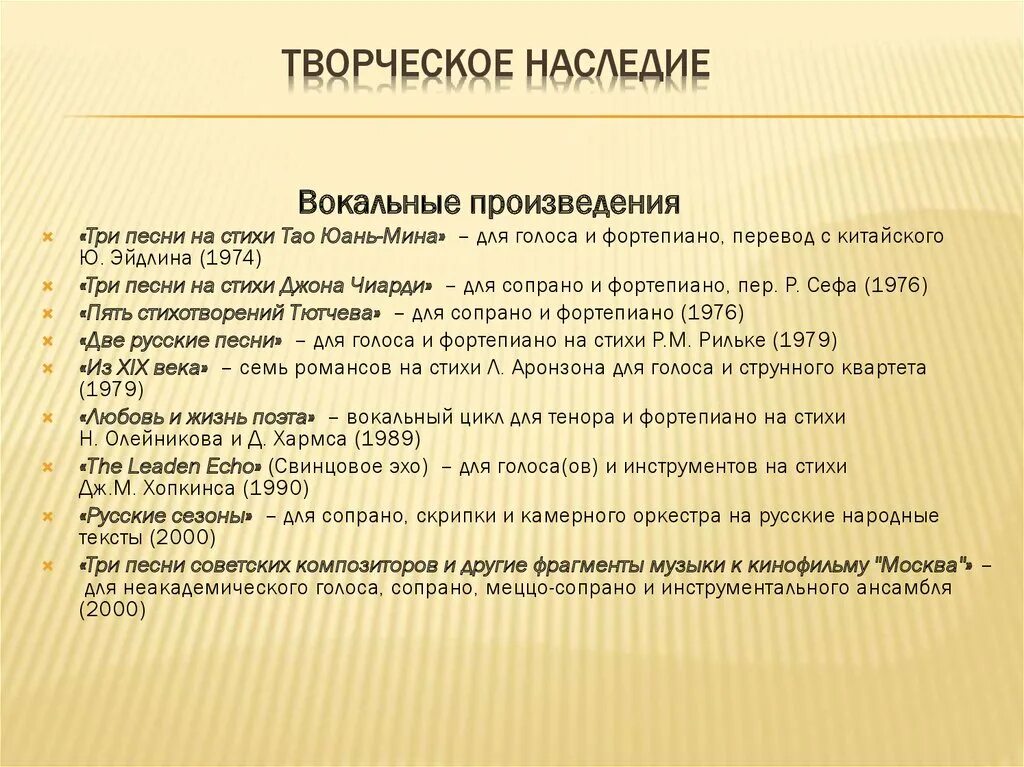 Вокальное произведение для одного голоса. Творческое наследие. Вокальные сочинения Десятников.