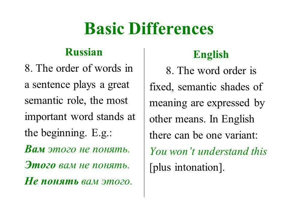 Differences russian and english. Different english.