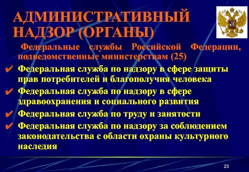 Федеральные службы РФ. Административный надзор. Федеральная надзорная служба. Функции административного надзора.