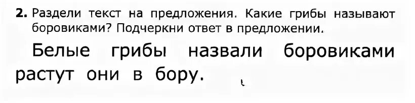 Деление текста на предложения 1. Раздели текст на предложения. Раздели предложение на слова. Какие грибы называют боровиками подчеркни ответ. Разделить текст на предложения белые грибы.