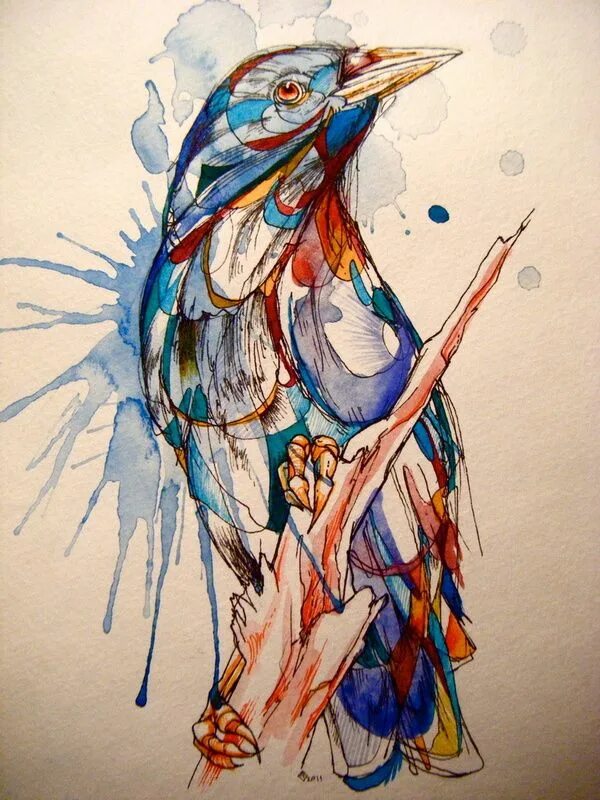 Bird art. Стилизованная птица. Цветная Графика. Рисунки акварелью. Птицы акварелью.