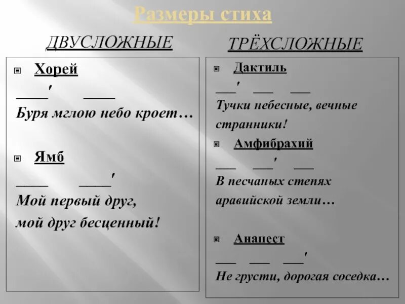 Какой из этих размеров стиха является двусложным. Размер стихотворения тучки небесные вечные Странники. Буря мглою небо кроет Ямб. Ямб мой первый друг мой друг бесценный. Тучки небесные вечные Странники стихотворный размер и схема.