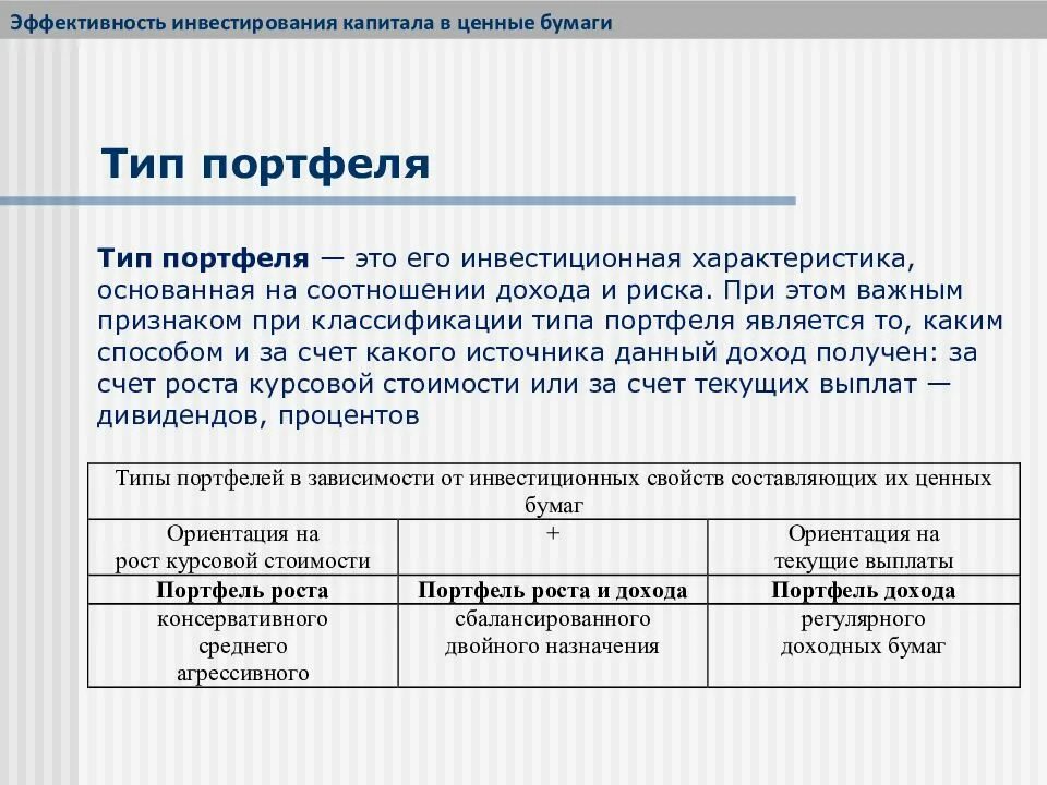 Портфелем ценных бумаг банка. Типы портфелей ценных бумаг. Эффективность портфеля ценных бумаг. Основные виды портфеля ценных бумаг. Типы портфелей ценных бумаг банка связанных с наибольшим риском.