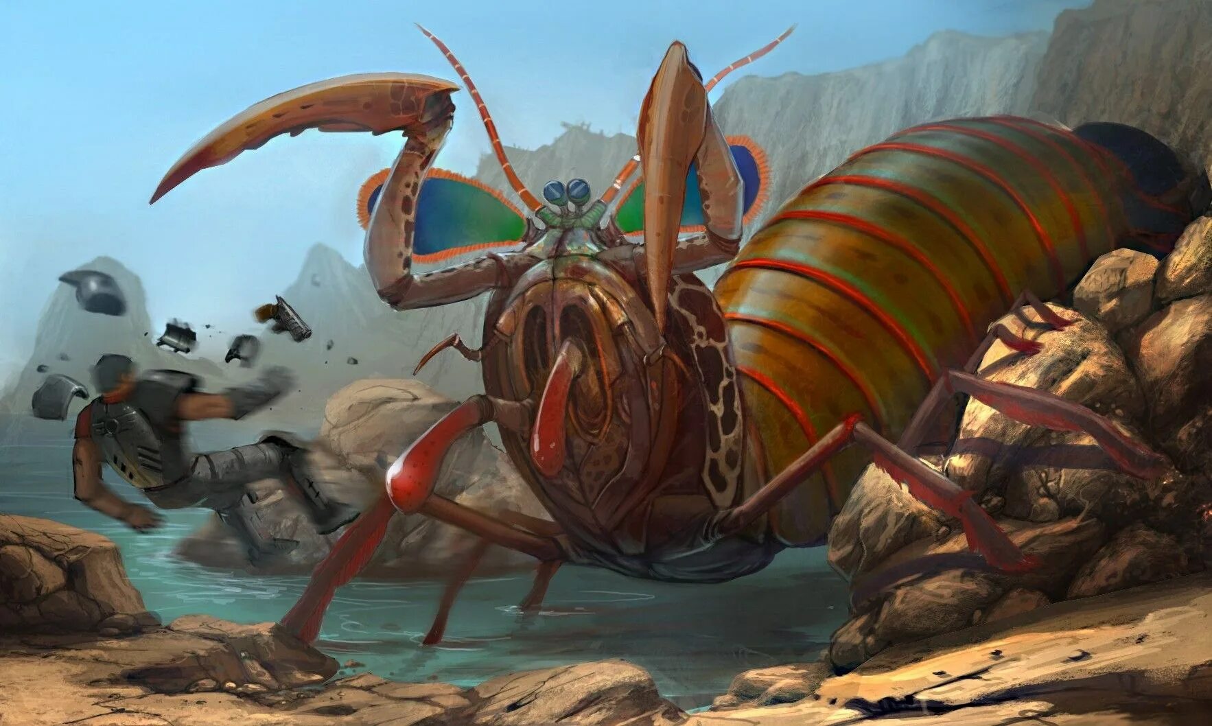 Mantis Shrimp монстр арт. Креветка-богомол Мантис. Звездный десант жуки Арахниды. Монстр богомол монстр богомол.