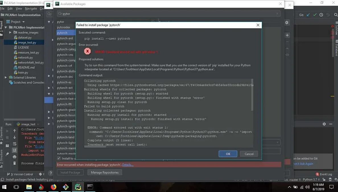 Pycharm error running. Pytorch python. установка pip в pycharm. pygobject. pytorch logo.
