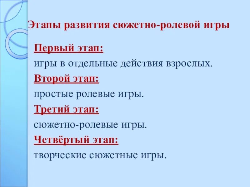 Последовательность этапов игры. Последовательность развития содержания сюжетно-ролевой игры. Этапы сюжетно ролевой игры в дошкольном возрасте. Первый этап развития сюжетно ролевой игры. Последовательность развития игр сюжетно Ролевая.