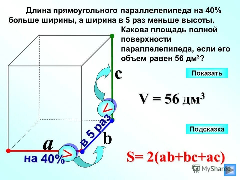 5 высота. Полная поверхность параллелепипеда. Высота прямоугольного параллелепипеда равна. Ширина параллелепипеда равна. Площадь полной поверхности прямоугольного параллелепипеда.