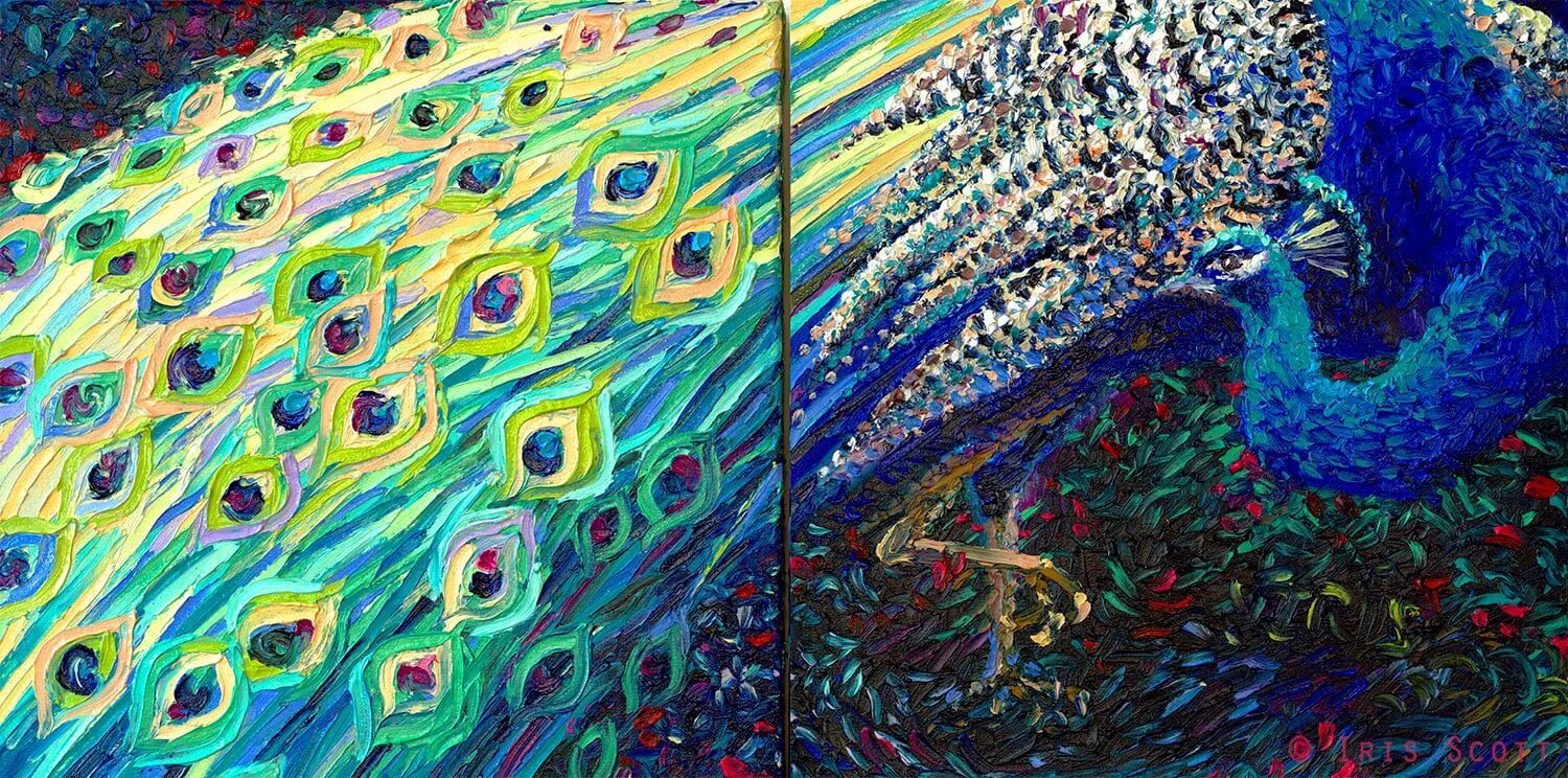 Запоминающаяся картина. Айрис Скотт пруд с рыбками. Картины по мотивам Айрис Скотт. Айрис Скотт на фоне картины. Павлин картины художников.