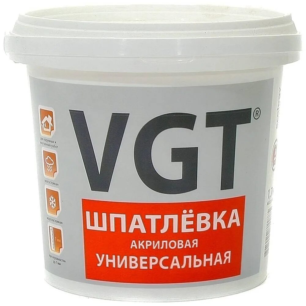 Шпаклевка готовая цены. ВГТ шпатлевка акриловая универсальная. Шпатлевка универсальная акриловая 1 кг "ВГТ". Шпаклевка фасадная ВГТ 18 кг. Шпатлевка VGT акриловая фасадная.