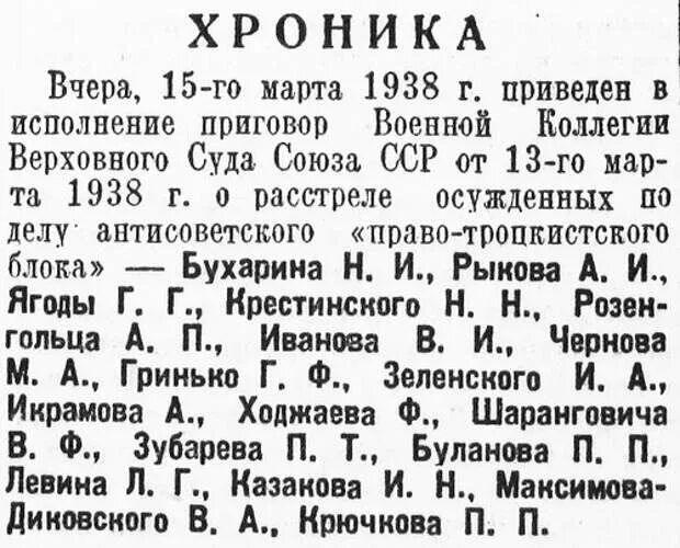 По ленинградскому делу был расстрелян н а. Третий Московский процесс 1938 года. Бухарин 1938.