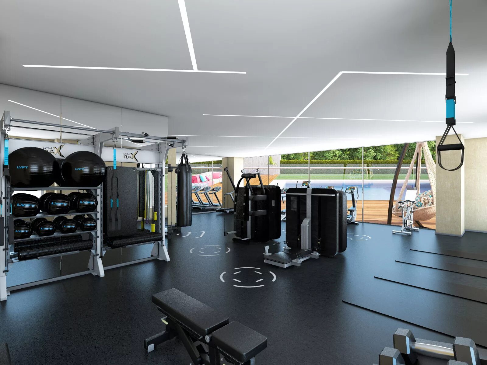 Зал групповых занятий. Спортивный интерьер. Оформление тренажерного зала. Тренажерный зал с колоннами. Фитнес клуб оригинальный.