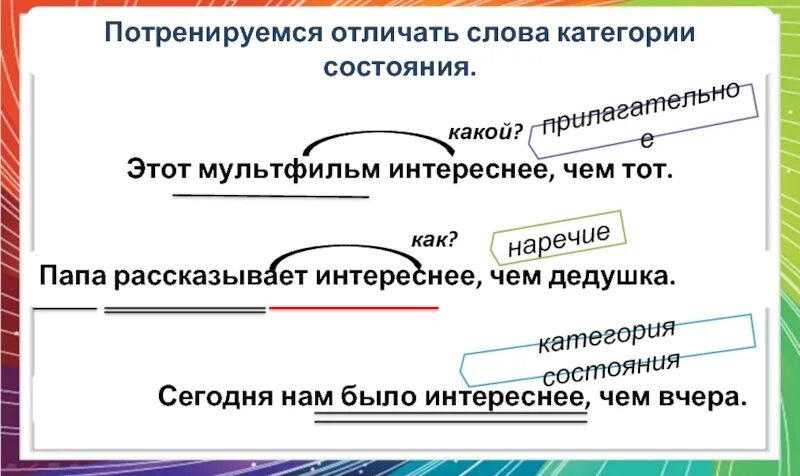 Прилагательное от слова отличить. Слова категории состояния. Как отличить наречие от категории состояния. Как отличить слова категории состояния от наречий. Чем отличается категория состояния от наречия.