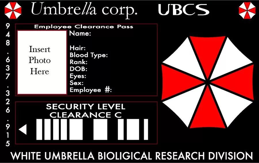 Документы корпорации Амбрелла. Пропуск Амбрелла Корпорейшн. Бейджик Umbrella Corporation. ID Card Амбрелла.