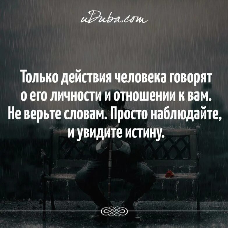 Наблюдаю цитаты. Только действия человека. Только действия человека говорят о его отношении к вам. Только действия человека говорят о его личности. Не верьте словам просто наблюдайте и вы увидите.