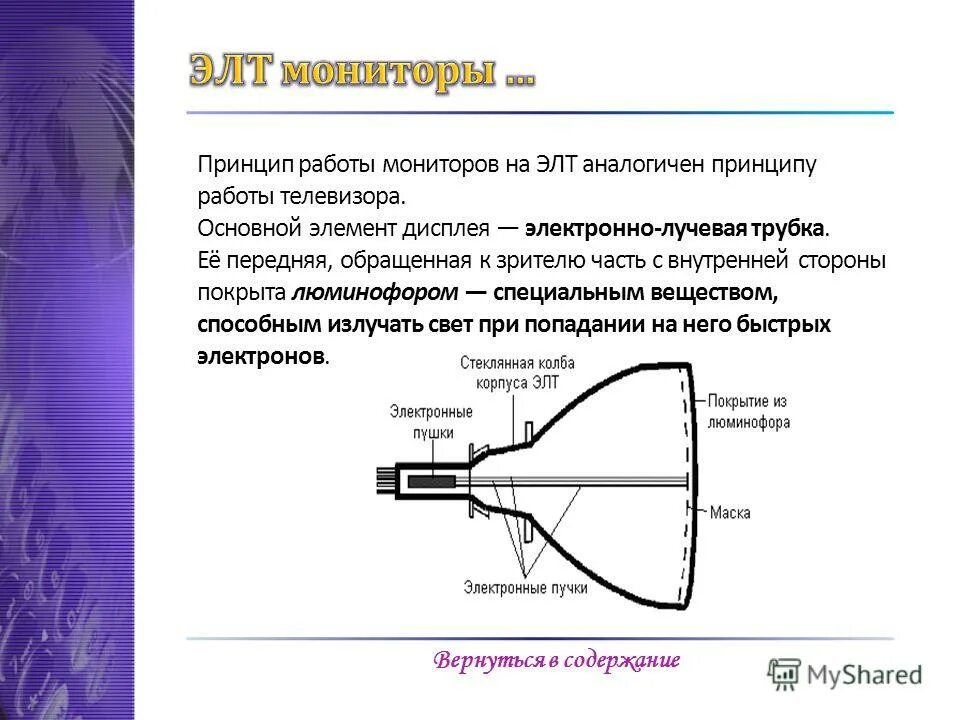 Использование мониторов на основе электронно лучевых трубок. Принцип работы монитора на базе ЭЛТ. Строение электронно лучевого монитора. Принцип действия ЭЛТ монитора. Основные элементы электронно лучевой трубки.