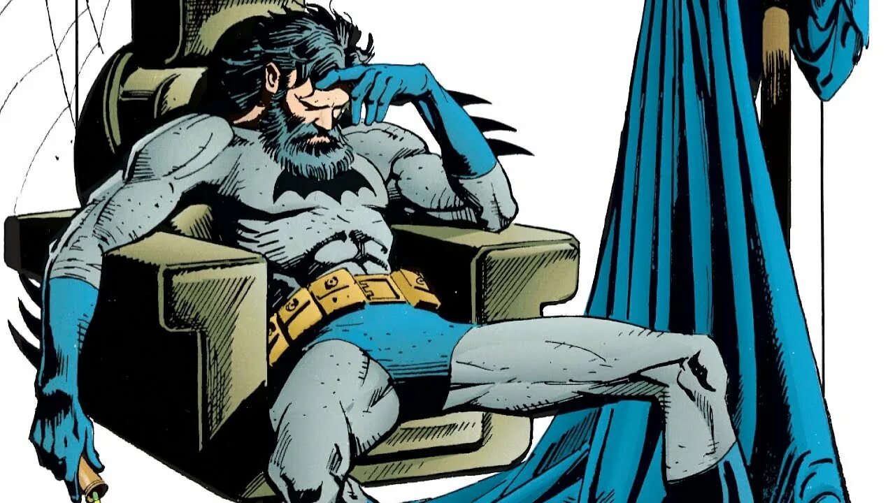 Устал быть героем. Брюс Уэйн с бородой. Бэтмен отдыхает. Супергерой устал. Дедушка Бэтмен.