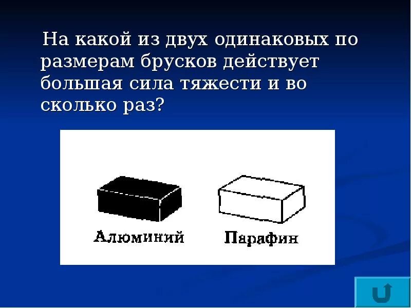 Сила тяжести алюминия. На какой из двух одинаковых по размерам брусков действует большая. на какой из брусков действует большая сила тяжести. два бруска из алюминия и парафина одинаковы по размеру. объем бруска.