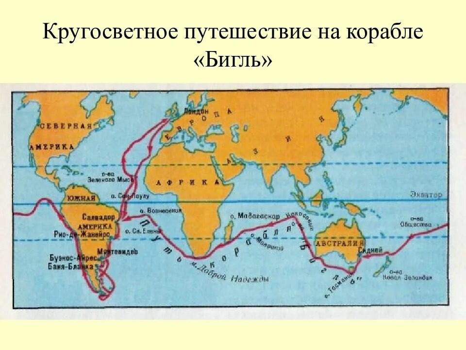 Карта путешествия Чарльза Дарвина на корабле Бигль. Маршрут кругосветного путешествия Чарльза Дарвина. Карта кругосветного путешествия