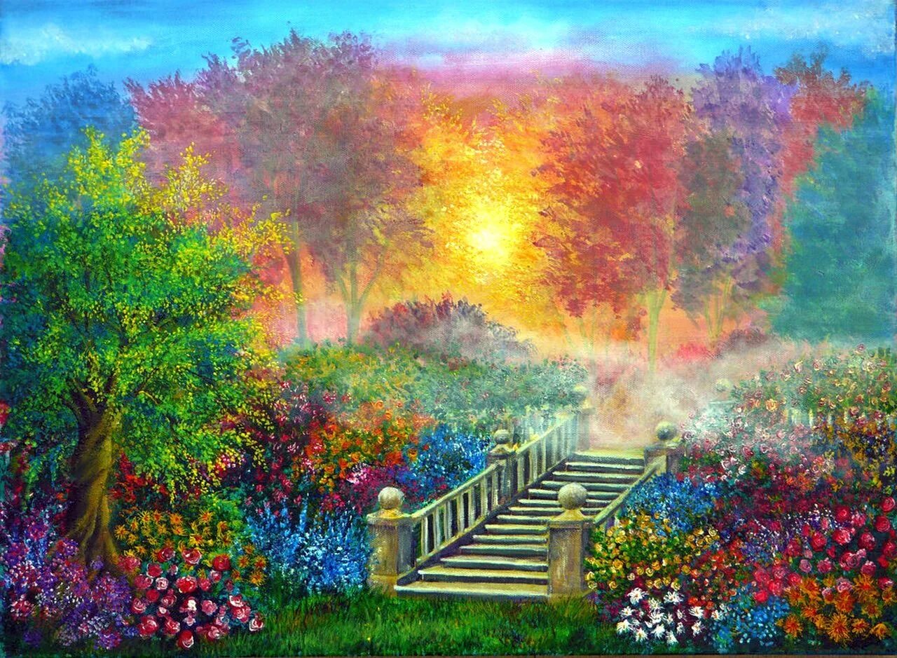 Волшебный сад песня слушать. Художник Egidio Antonaccio. Яркий пейзаж. Яркие картины. Пейзажи сказочные сады.